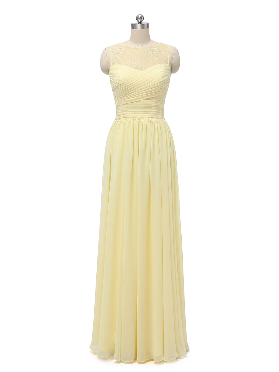 Princesa/Formato A Decote Redondo Chiffon Renda com Pregas Até Ao Chão Vestidos de Dama de Honra