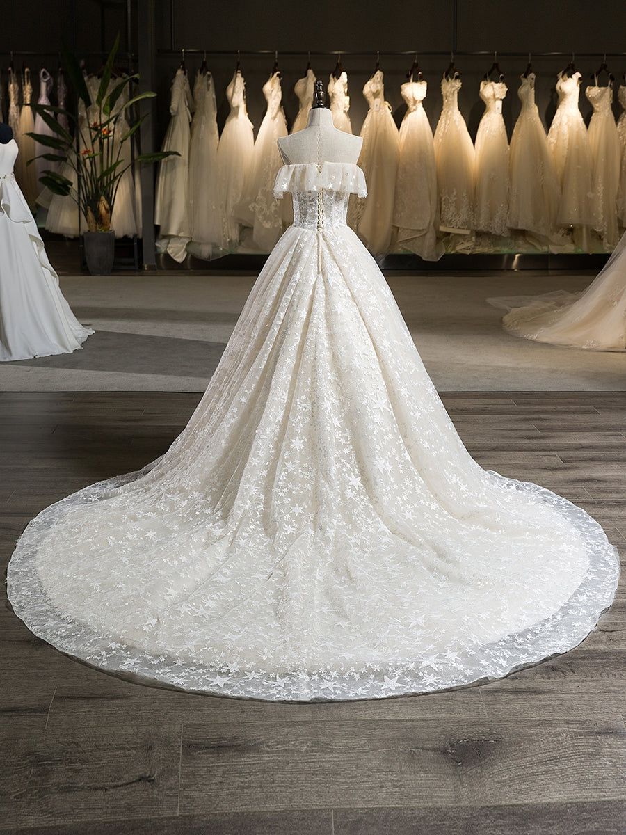 Tule Sem Mangas Strapless Court Train com Babado Estrela Vestido de Baile Vestidos de Casamento