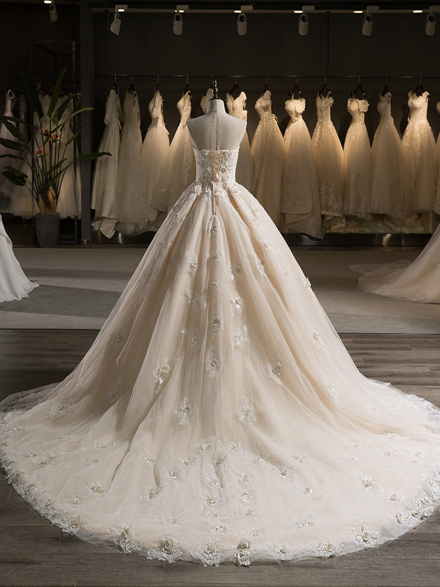 Sem Alças Sem Mangas Tule Bordado Floral com Miçangas Tribunal Trem Vestido de Baile Vestidos de Casamento