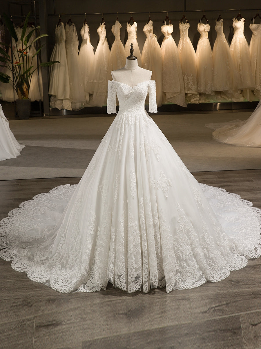 Off-The-Ombro Meia Manga Tule Applique com Renda Tribunal Trem Vestidos de Baile Vestidos de Noiva