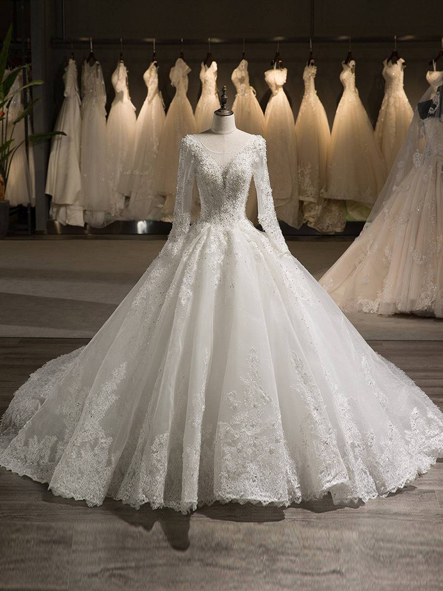 Scoop Mangas Compridas Tule Apliques com Miçangas Capela Trem Vestido de Baile Vestidos de Casamento