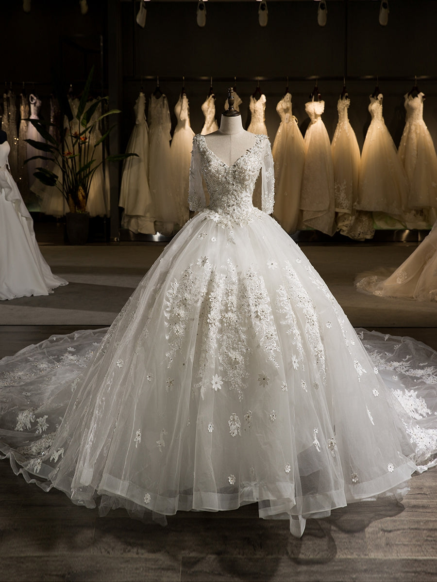Luxuoso Decote Em V Meia Manga Tule Aplique com Miçangas Trem Catedral Vestidos de Casamento