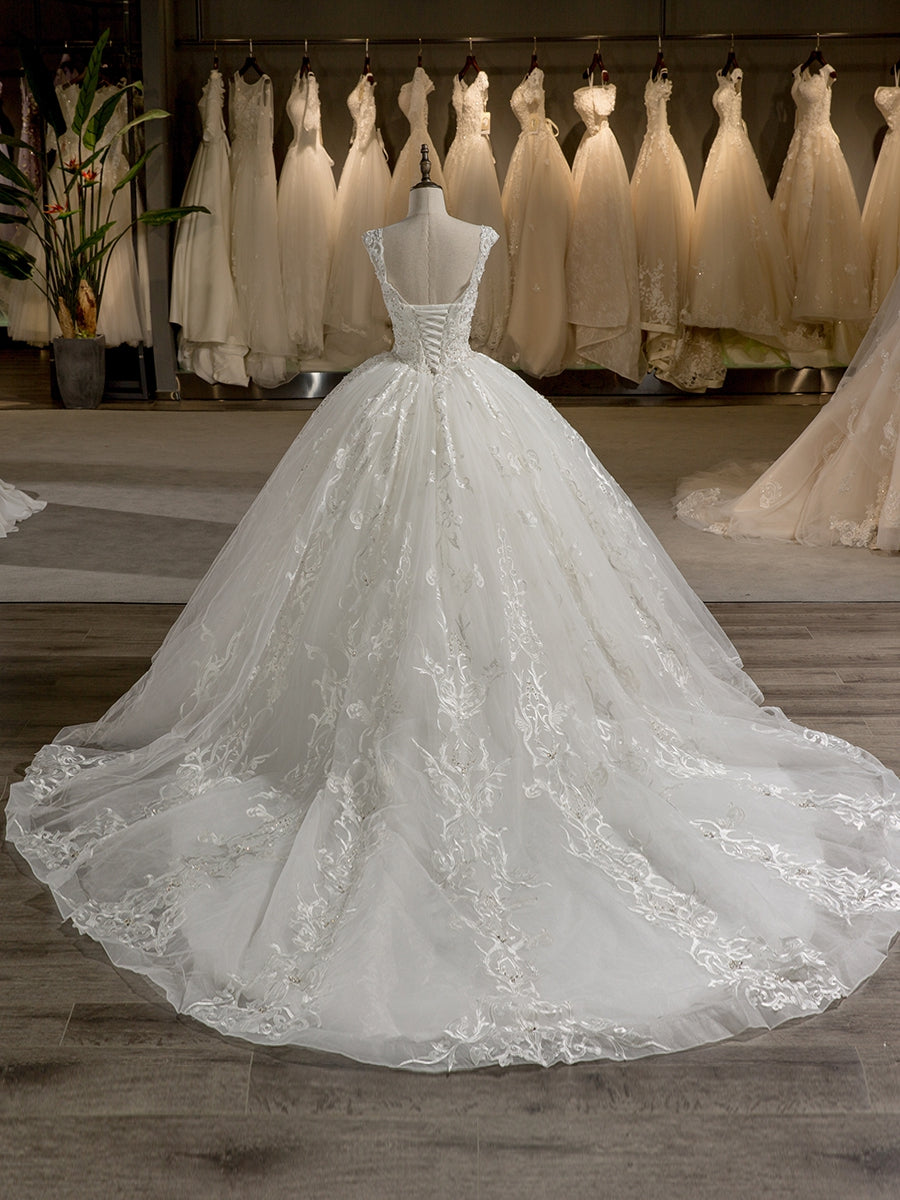 Scoop Mangas Tule Bordado com Miçangas Tribunal Trem Vestido de Baile Vestidos de Casamento