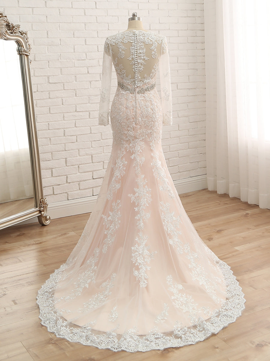 Trompete/Sereia com Decote Em V Mangas Compridas Apliques e Vestidos de Noiva de Tule com Strass Até O Chão