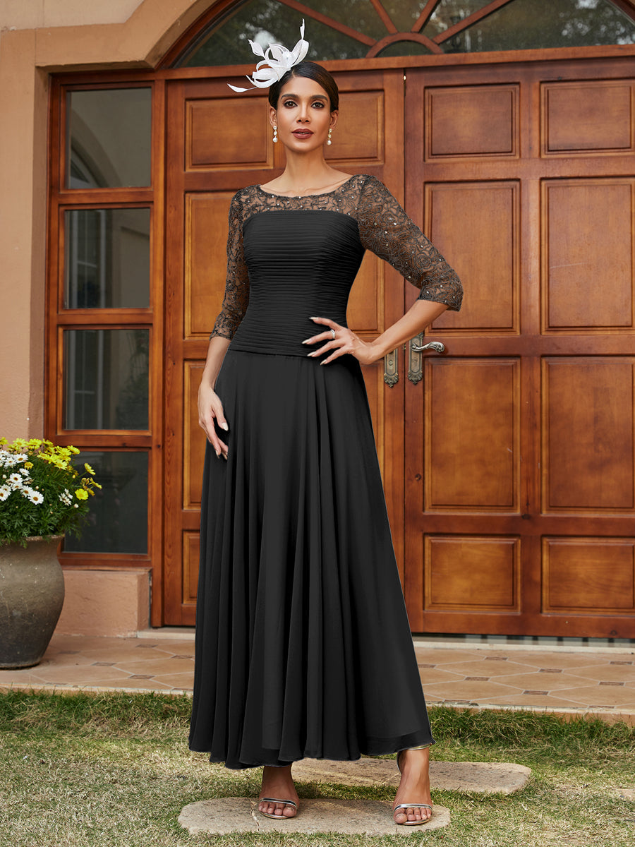 Vestidos Longos de Noite com Mangas Meio Comprimento e Gola Transparente Bordados em Estilo A-Line/Princesa
