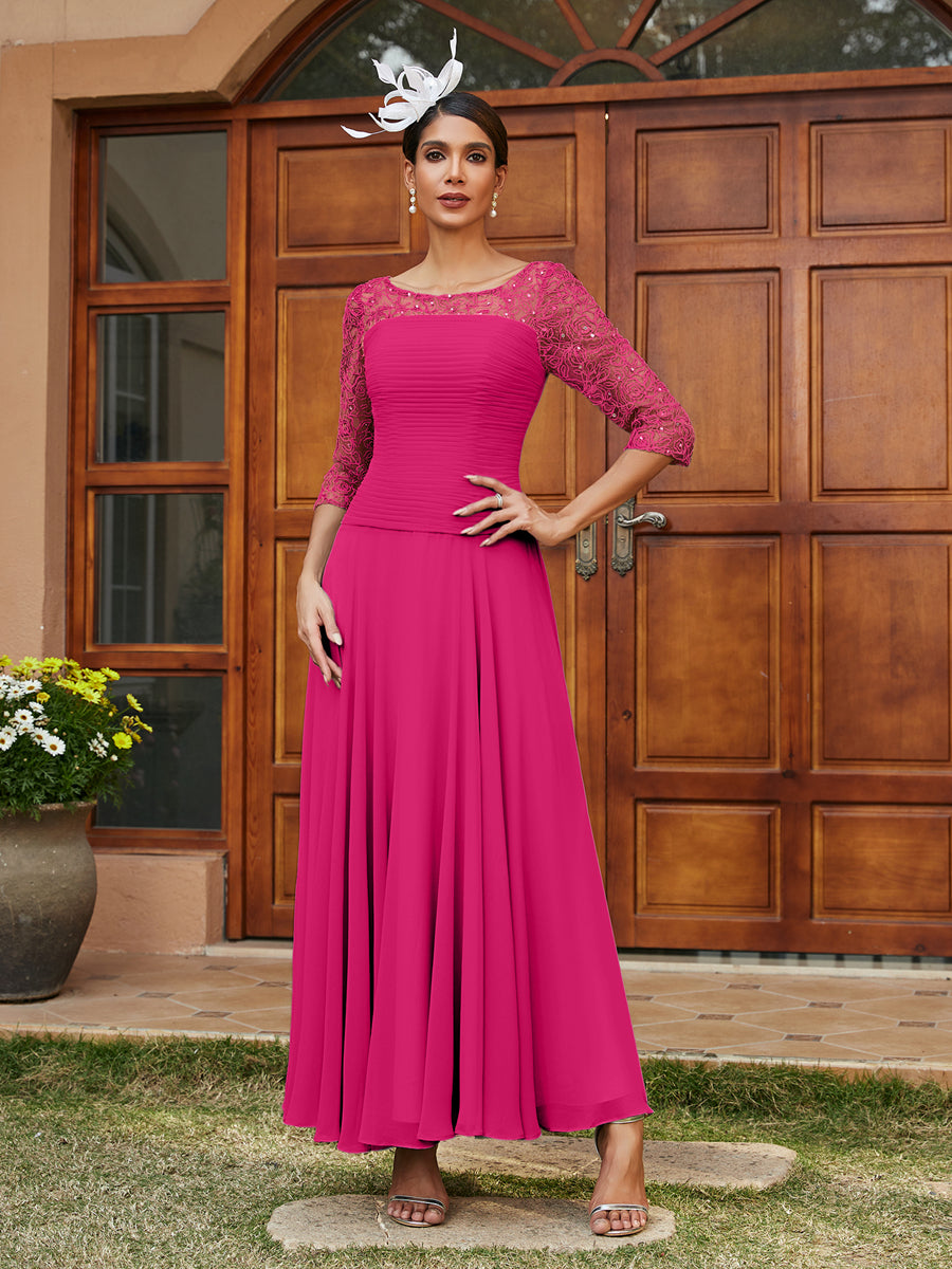 Vestidos Longos de Noite com Mangas Meio Comprimento e Gola Transparente Bordados em Estilo A-Line/Princesa