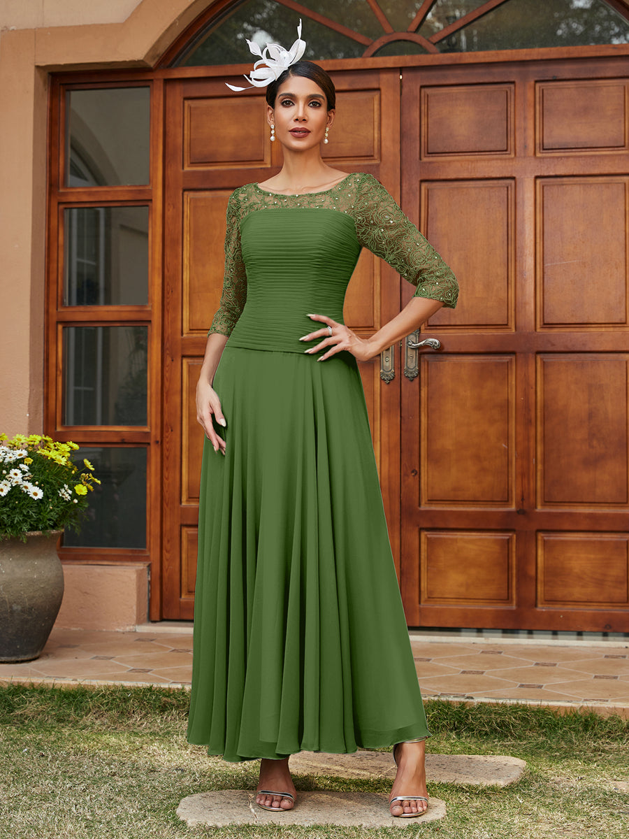 Vestidos Longos de Noite com Mangas Meio Comprimento e Gola Transparente Bordados em Estilo A-Line/Princesa