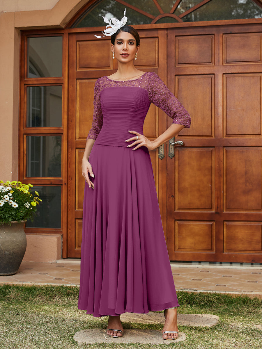 Vestidos Longos de Noite com Mangas Meio Comprimento e Gola Transparente Bordados em Estilo A-Line/Princesa