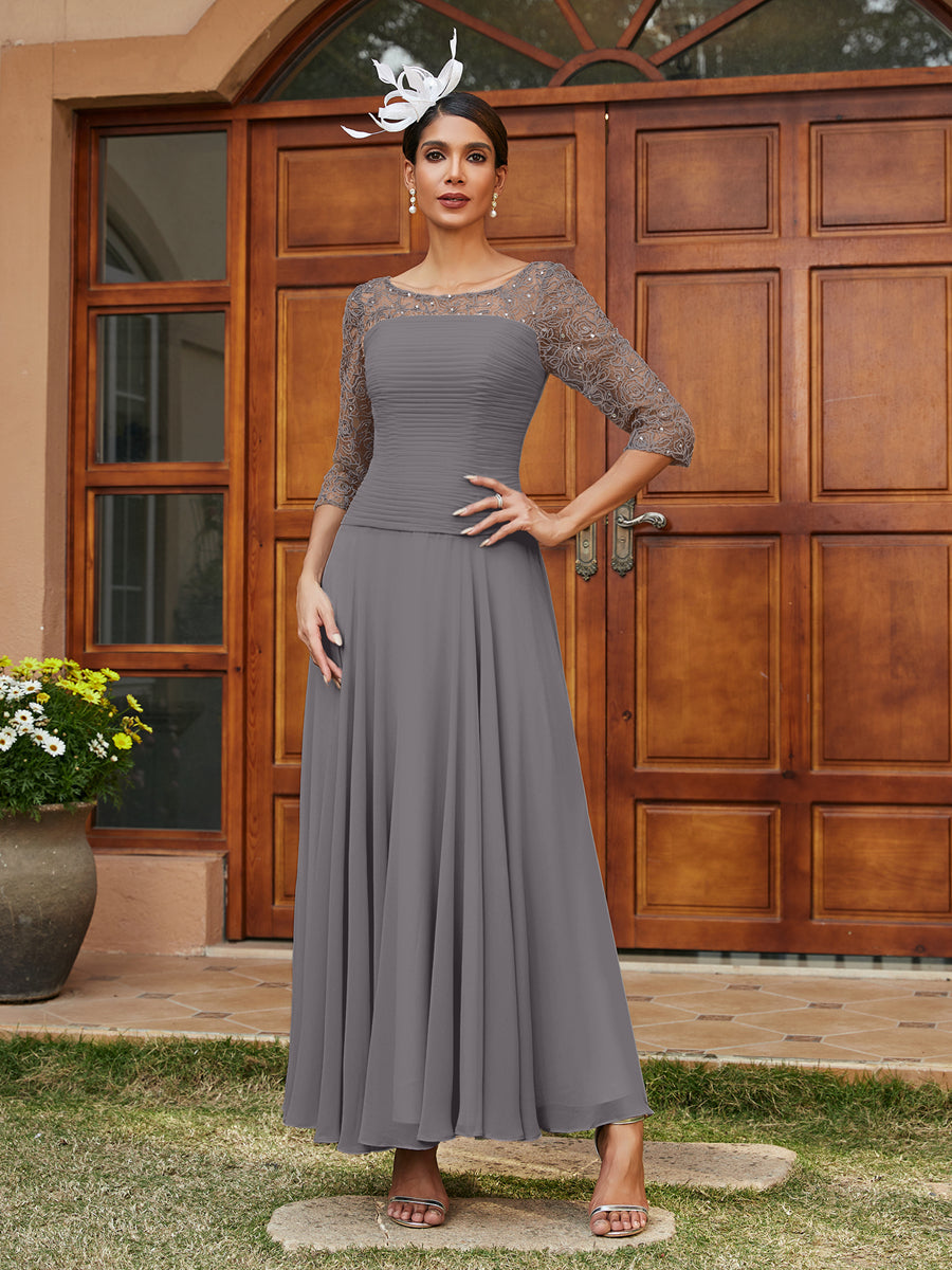 Vestidos Longos de Noite com Mangas Meio Comprimento e Gola Transparente Bordados em Estilo A-Line/Princesa
