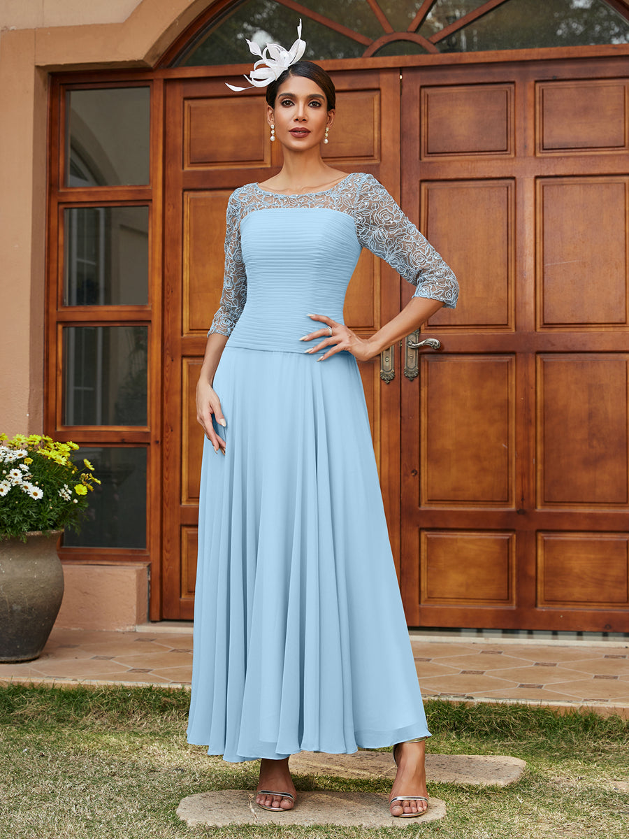 Vestidos Longos de Noite com Mangas Meio Comprimento e Gola Transparente Bordados em Estilo A-Line/Princesa