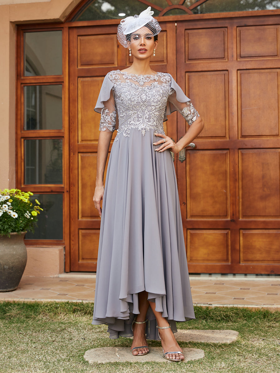 Vestidos Longos de Noite com Mangas Meio Comprimento e Gola Transparente Bordados em Estilo A-Line/Princesa