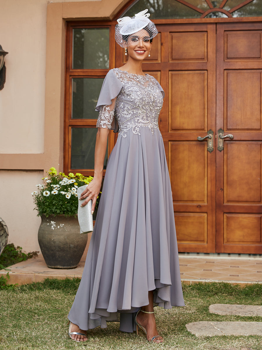 Vestidos Longos de Noite com Mangas Meio Comprimento e Gola Transparente Bordados em Estilo A-Line/Princesa