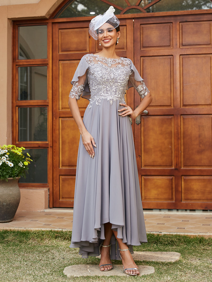 Vestidos Longos de Noite com Mangas Meio Comprimento e Gola Transparente Bordados em Estilo A-Line/Princesa