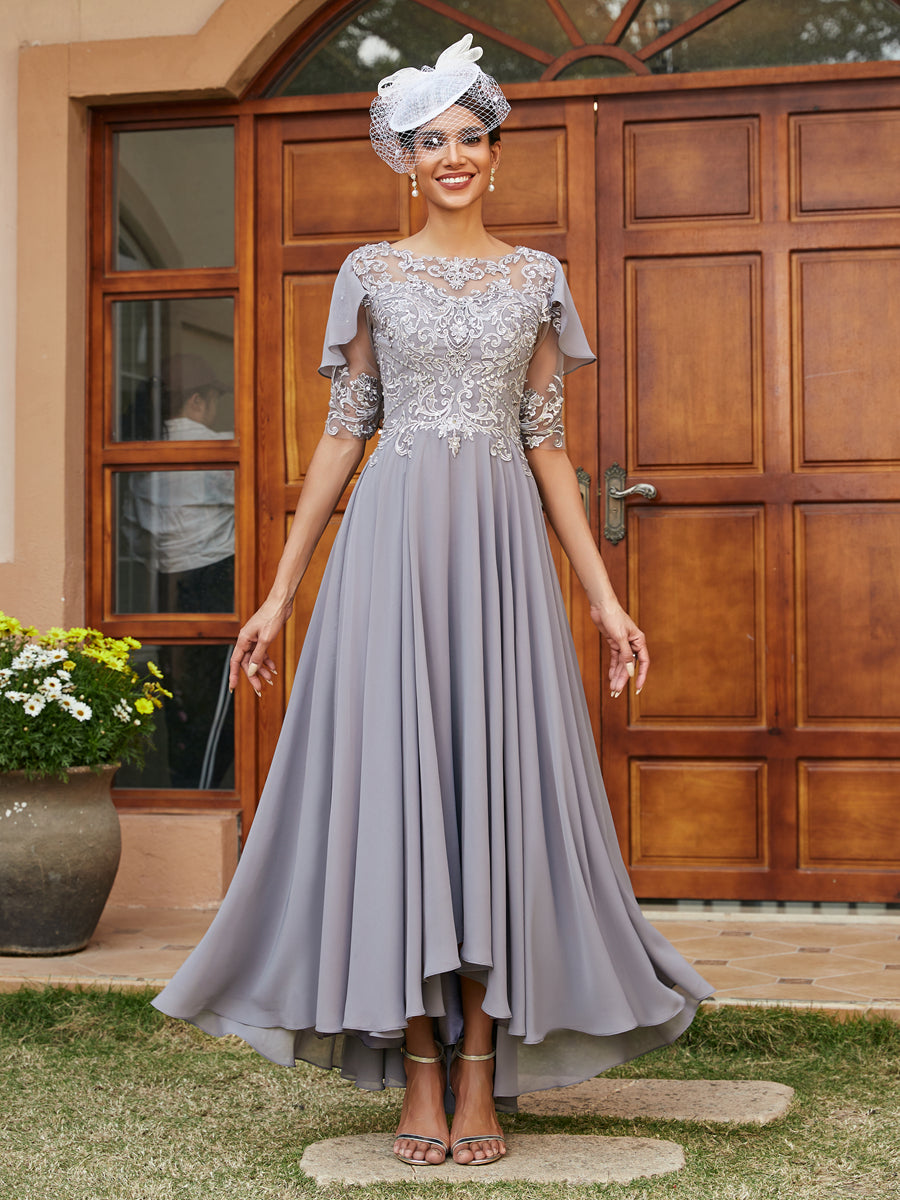 Vestidos Longos de Noite com Mangas Meio Comprimento e Gola Transparente Bordados em Estilo A-Line/Princesa