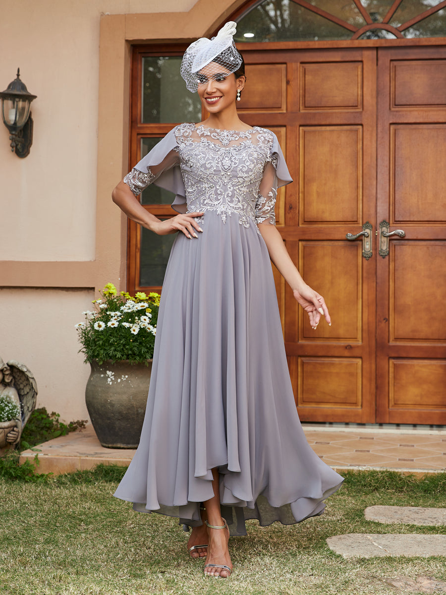 Vestidos Longos de Noite com Mangas Meio Comprimento e Gola Transparente Bordados em Estilo A-Line/Princesa