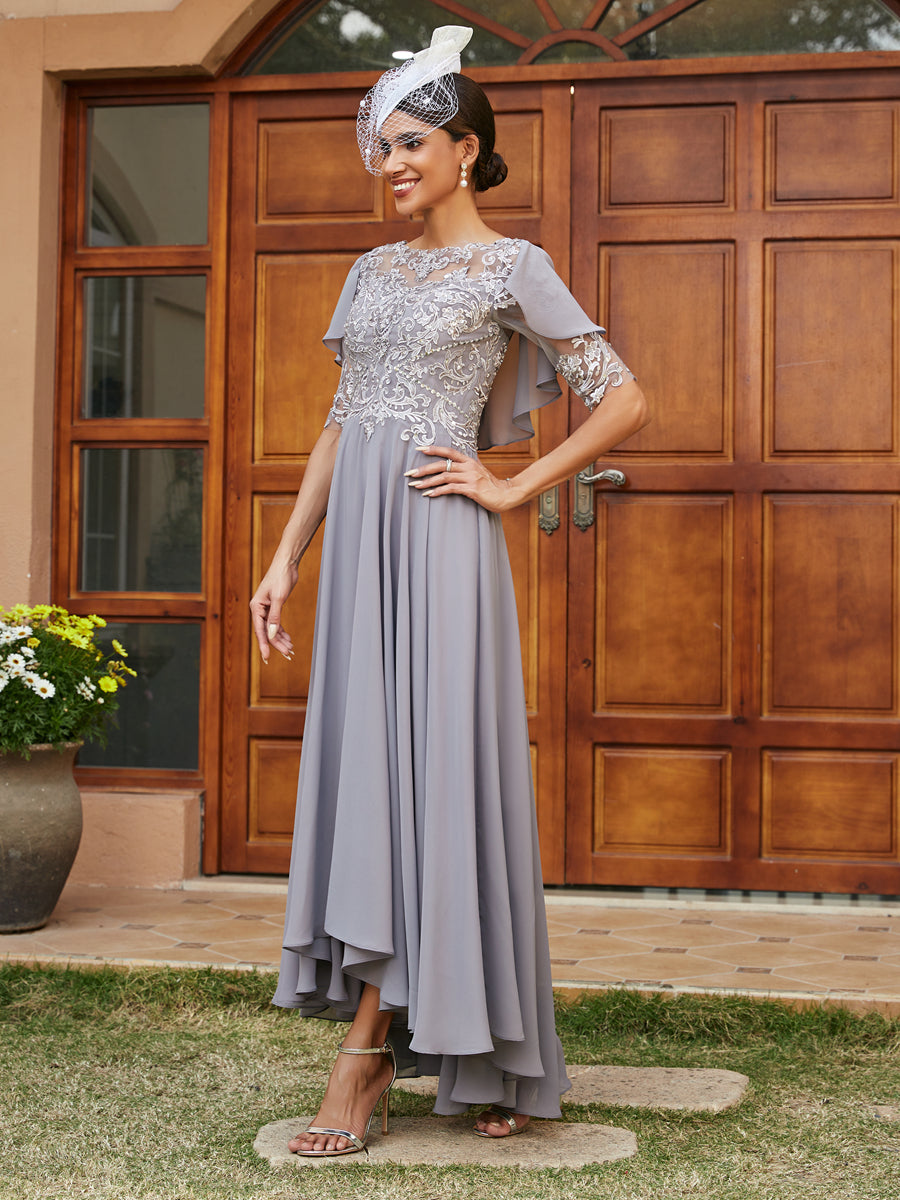 Vestidos Longos de Noite com Mangas Meio Comprimento e Gola Transparente Bordados em Estilo A-Line/Princesa