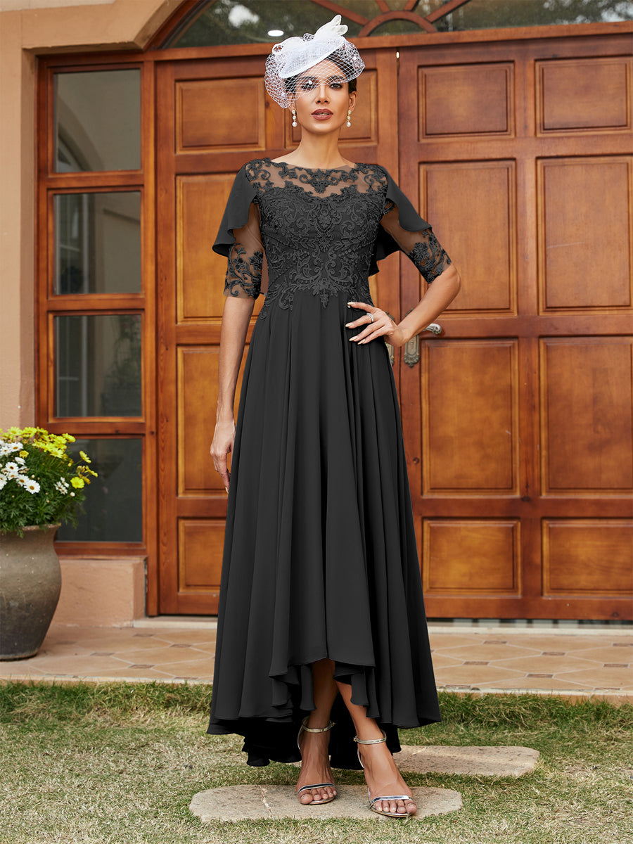 Vestidos Longos de Noite com Mangas Meio Comprimento e Gola Transparente Bordados em Estilo A-Line/Princesa