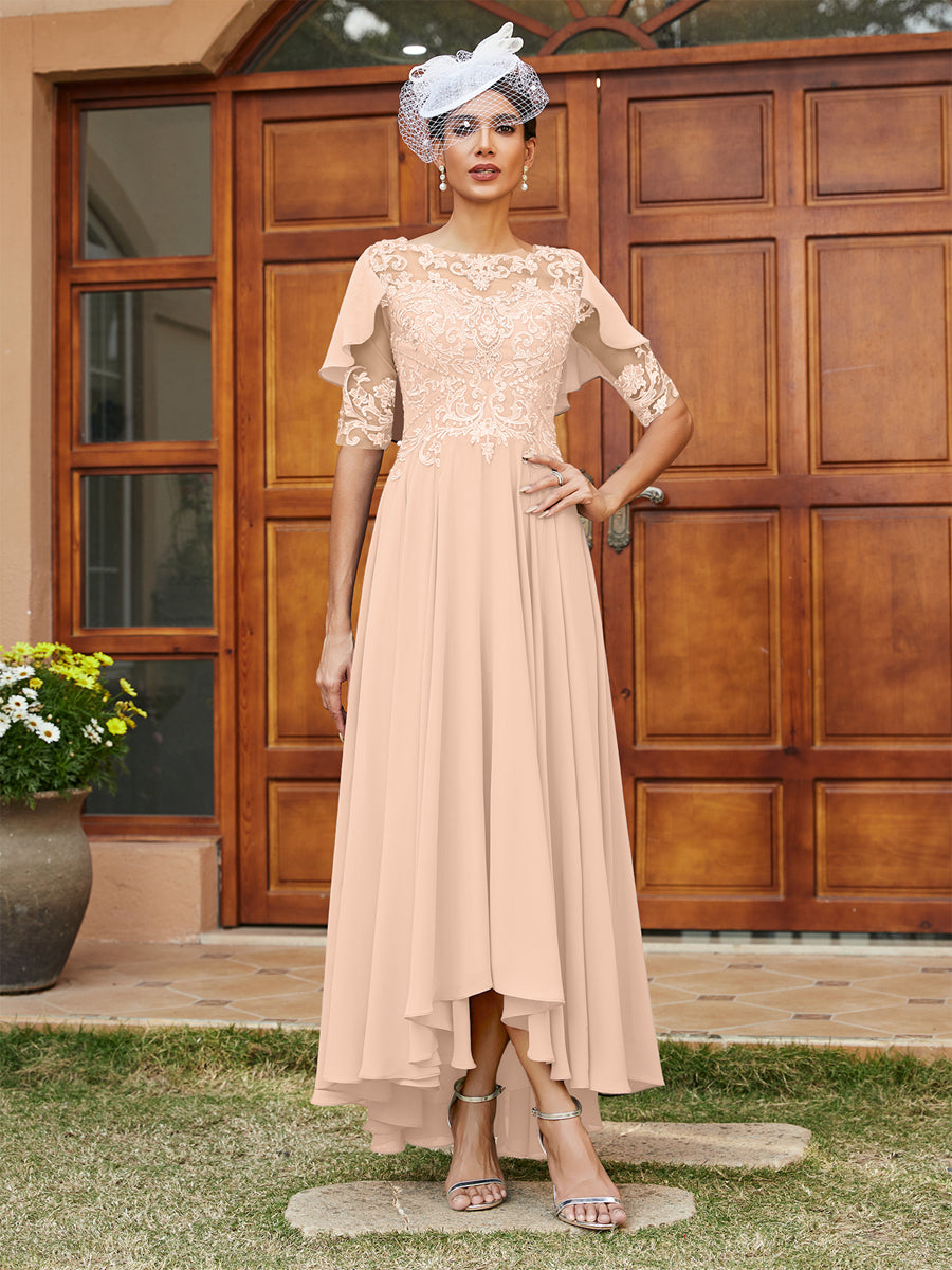 Vestidos Longos de Noite com Mangas Meio Comprimento e Gola Transparente Bordados em Estilo A-Line/Princesa
