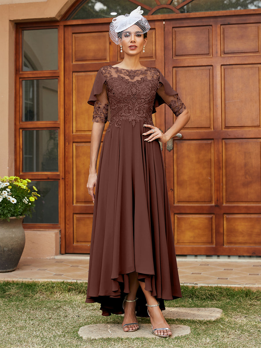 Vestidos Longos de Noite com Mangas Meio Comprimento e Gola Transparente Bordados em Estilo A-Line/Princesa