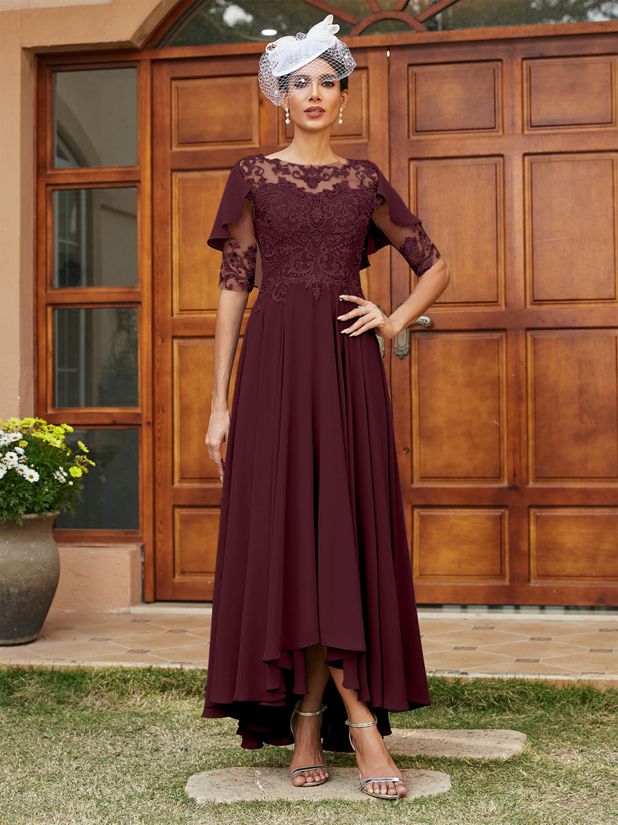 Vestidos Longos de Noite com Mangas Meio Comprimento e Gola Transparente Bordados em Estilo A-Line/Princesa