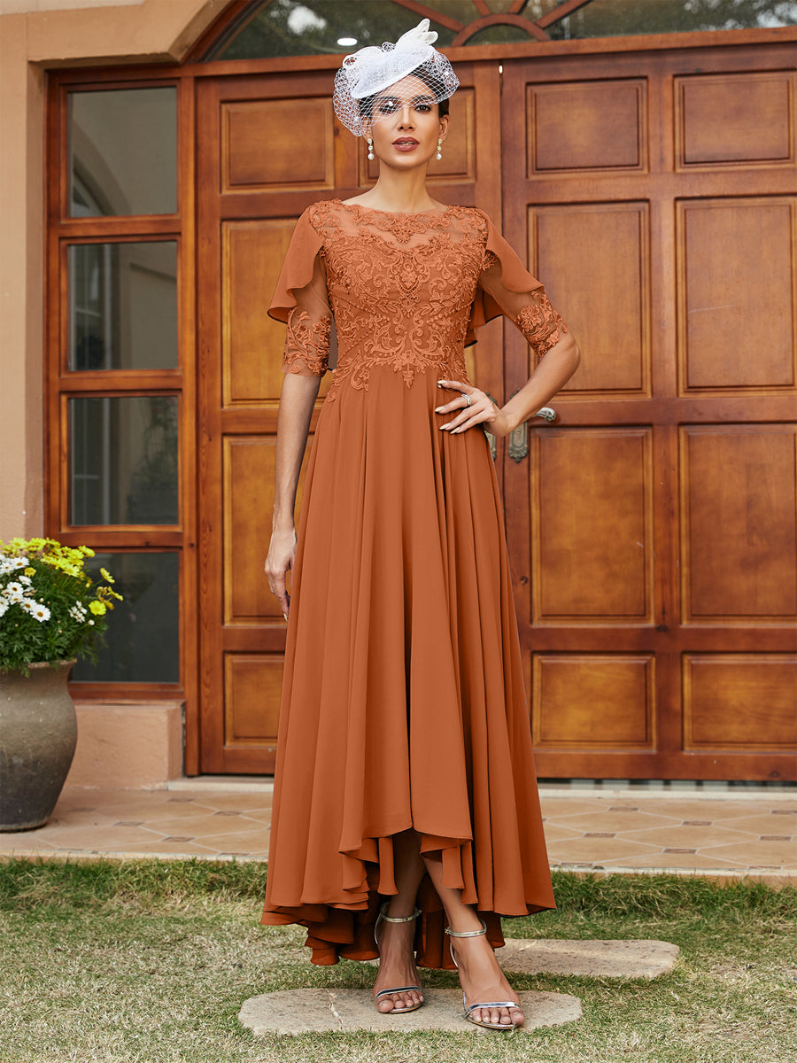 Vestidos Longos de Noite com Mangas Meio Comprimento e Gola Transparente Bordados em Estilo A-Line/Princesa