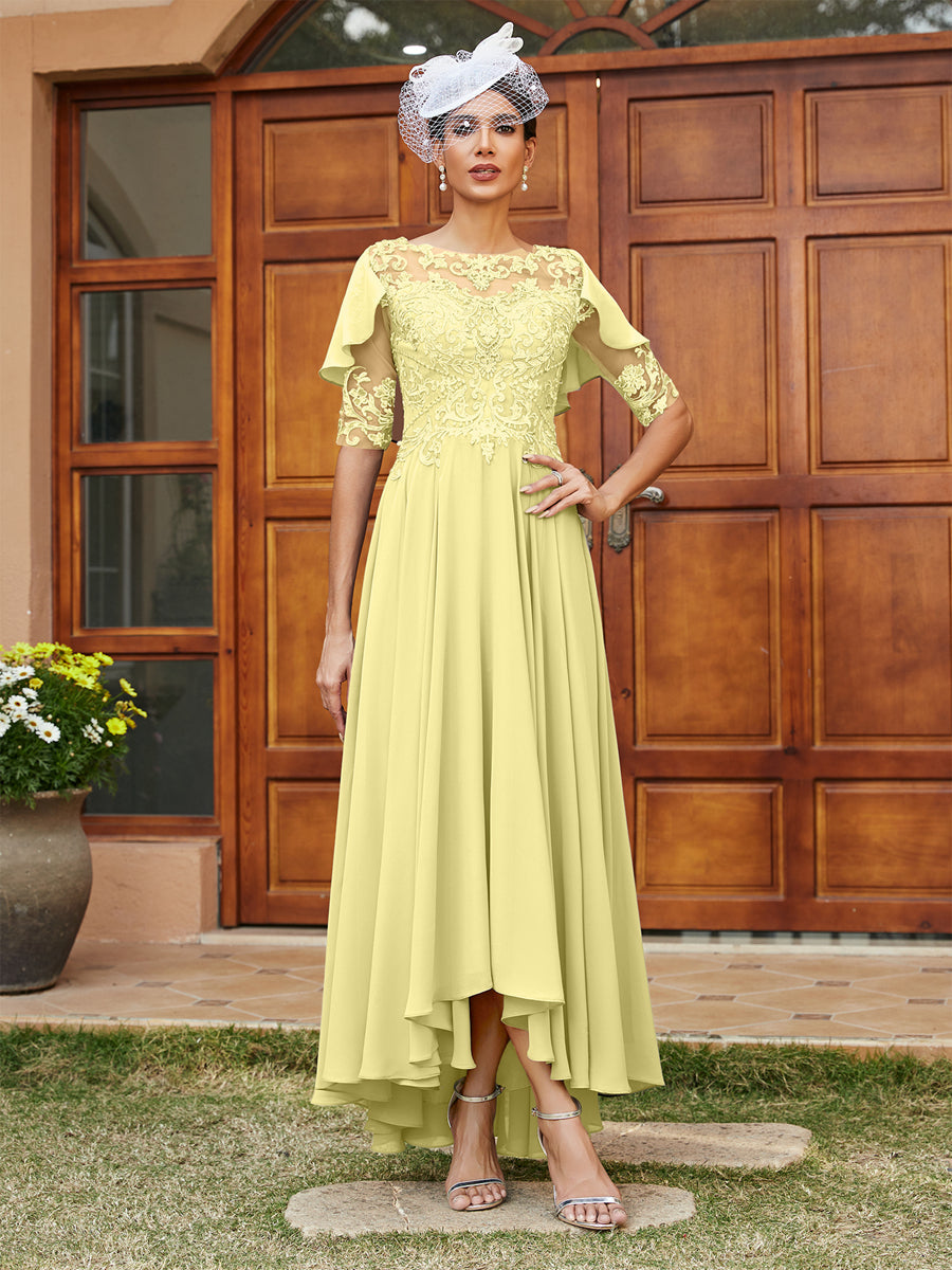Vestidos Longos de Noite com Mangas Meio Comprimento e Gola Transparente Bordados em Estilo A-Line/Princesa
