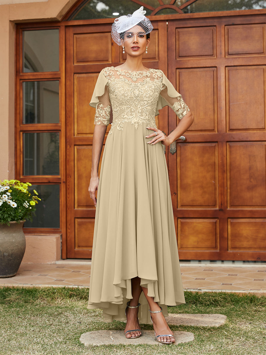 Vestidos Longos de Noite com Mangas Meio Comprimento e Gola Transparente Bordados em Estilo A-Line/Princesa