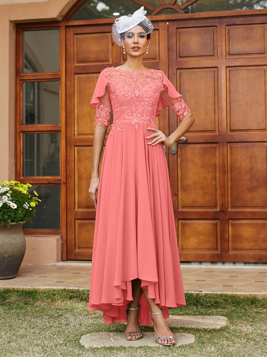Vestidos Longos de Noite com Mangas Meio Comprimento e Gola Transparente Bordados em Estilo A-Line/Princesa