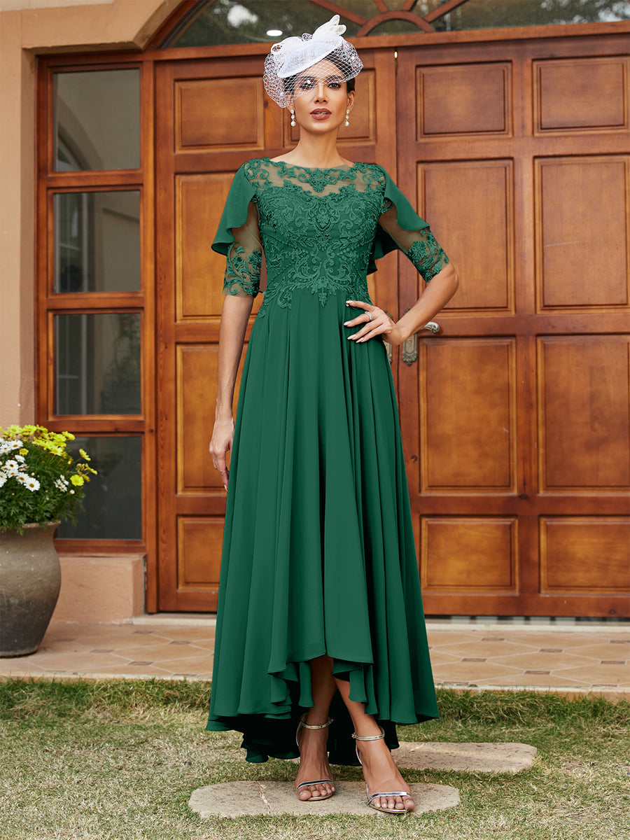 Vestidos Longos de Noite com Mangas Meio Comprimento e Gola Transparente Bordados em Estilo A-Line/Princesa