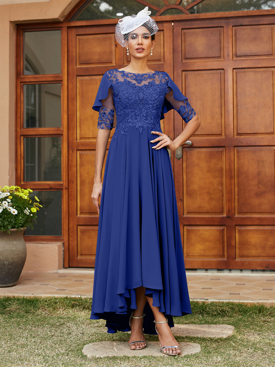 Vestidos Longos de Noite com Mangas Meio Comprimento e Gola Transparente Bordados em Estilo A-Line/Princesa