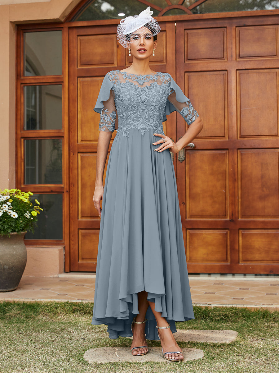 Vestidos Longos de Noite com Mangas Meio Comprimento e Gola Transparente Bordados em Estilo A-Line/Princesa