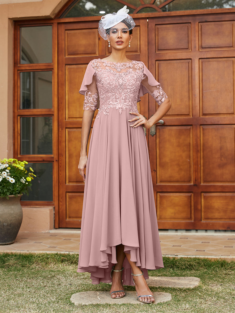 Vestidos Longos de Noite com Mangas Meio Comprimento e Gola Transparente Bordados em Estilo A-Line/Princesa