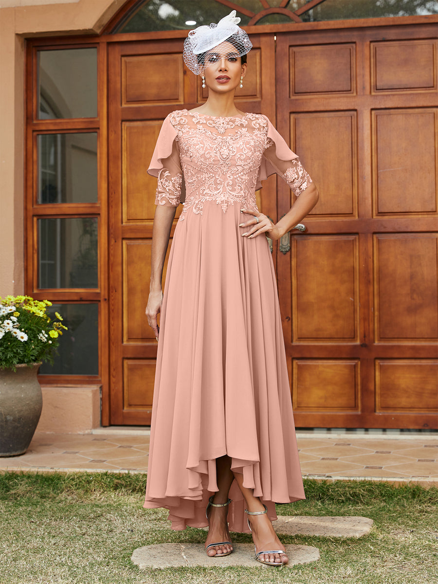 Vestidos Longos de Noite com Mangas Meio Comprimento e Gola Transparente Bordados em Estilo A-Line/Princesa
