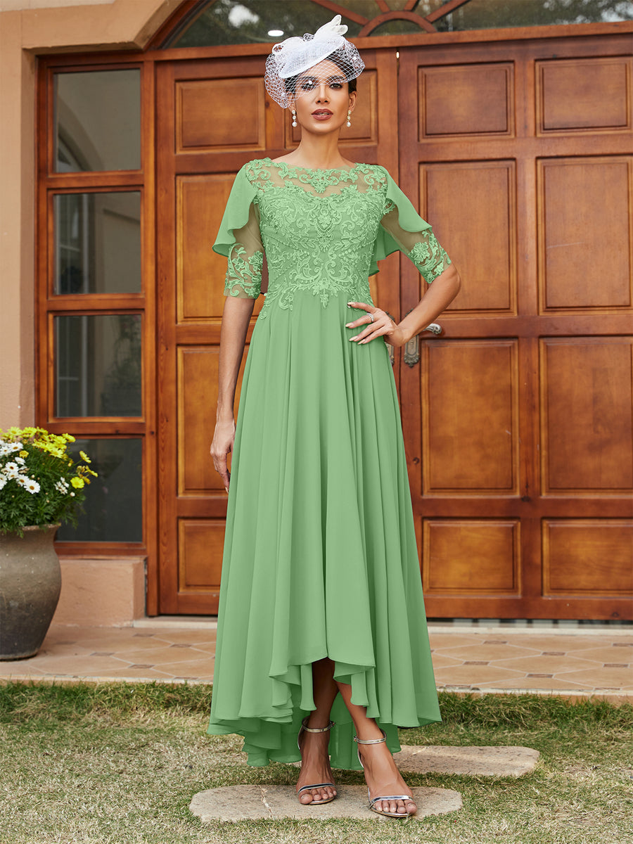 Vestidos Longos de Noite com Mangas Meio Comprimento e Gola Transparente Bordados em Estilo A-Line/Princesa