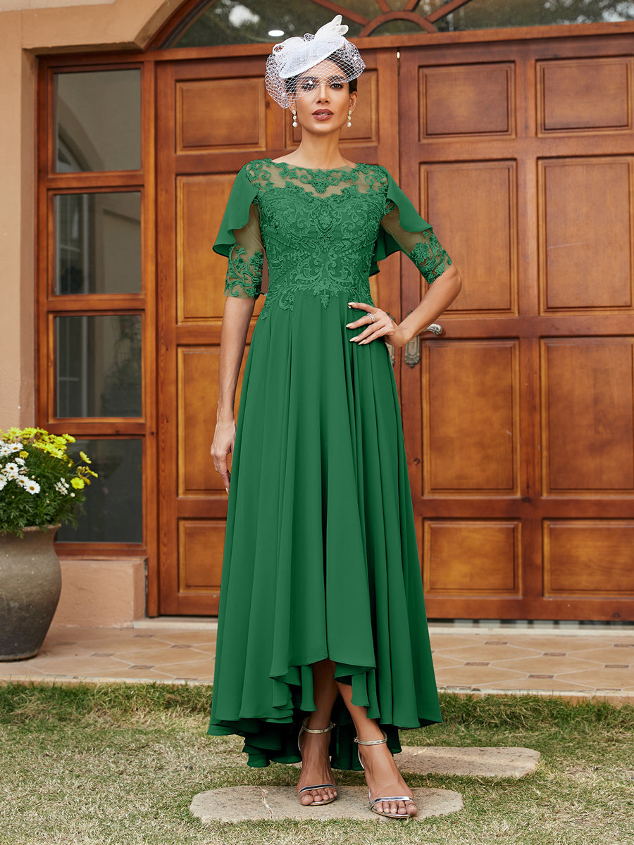 Vestidos Longos de Noite com Mangas Meio Comprimento e Gola Transparente Bordados em Estilo A-Line/Princesa