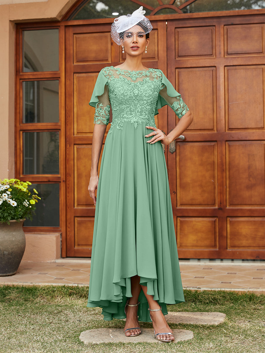 Vestidos Longos de Noite com Mangas Meio Comprimento e Gola Transparente Bordados em Estilo A-Line/Princesa