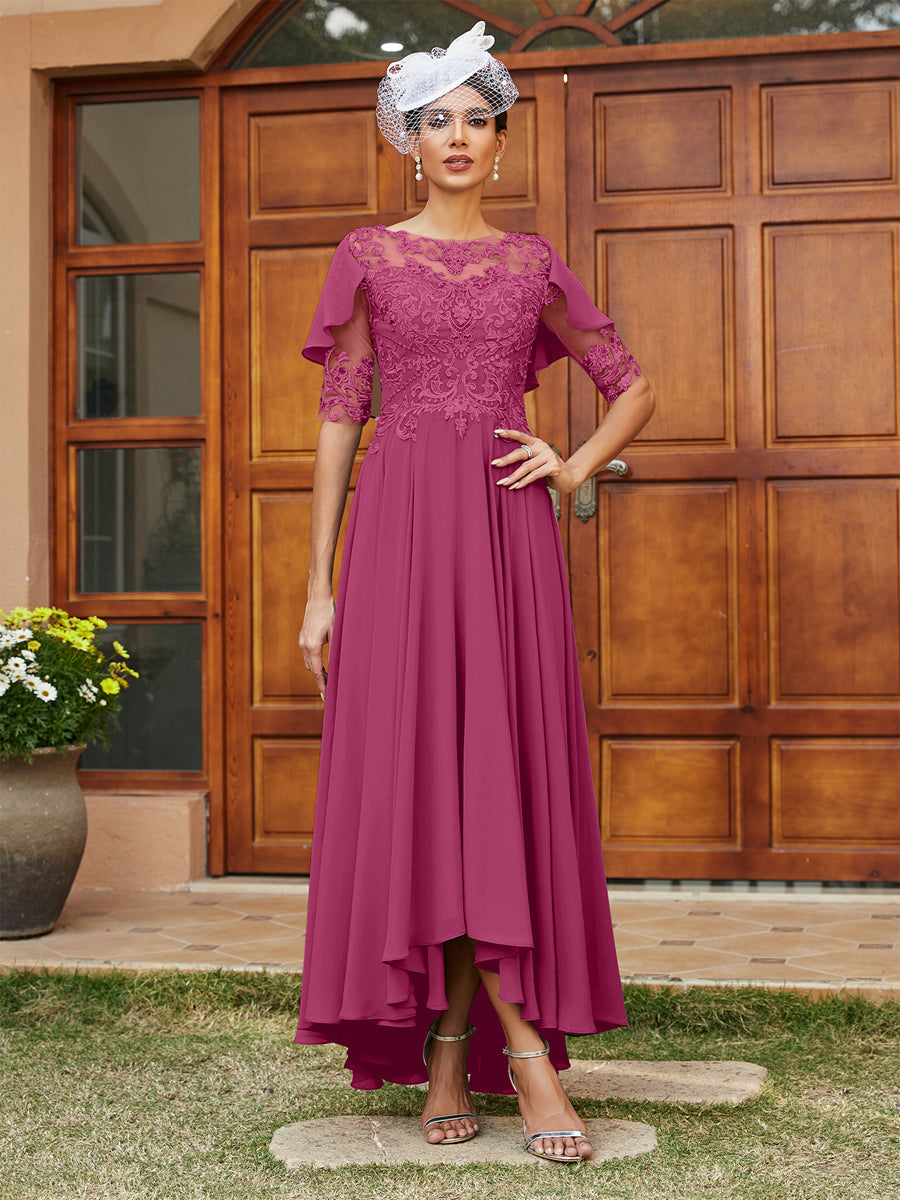 Vestidos Longos de Noite com Mangas Meio Comprimento e Gola Transparente Bordados em Estilo A-Line/Princesa