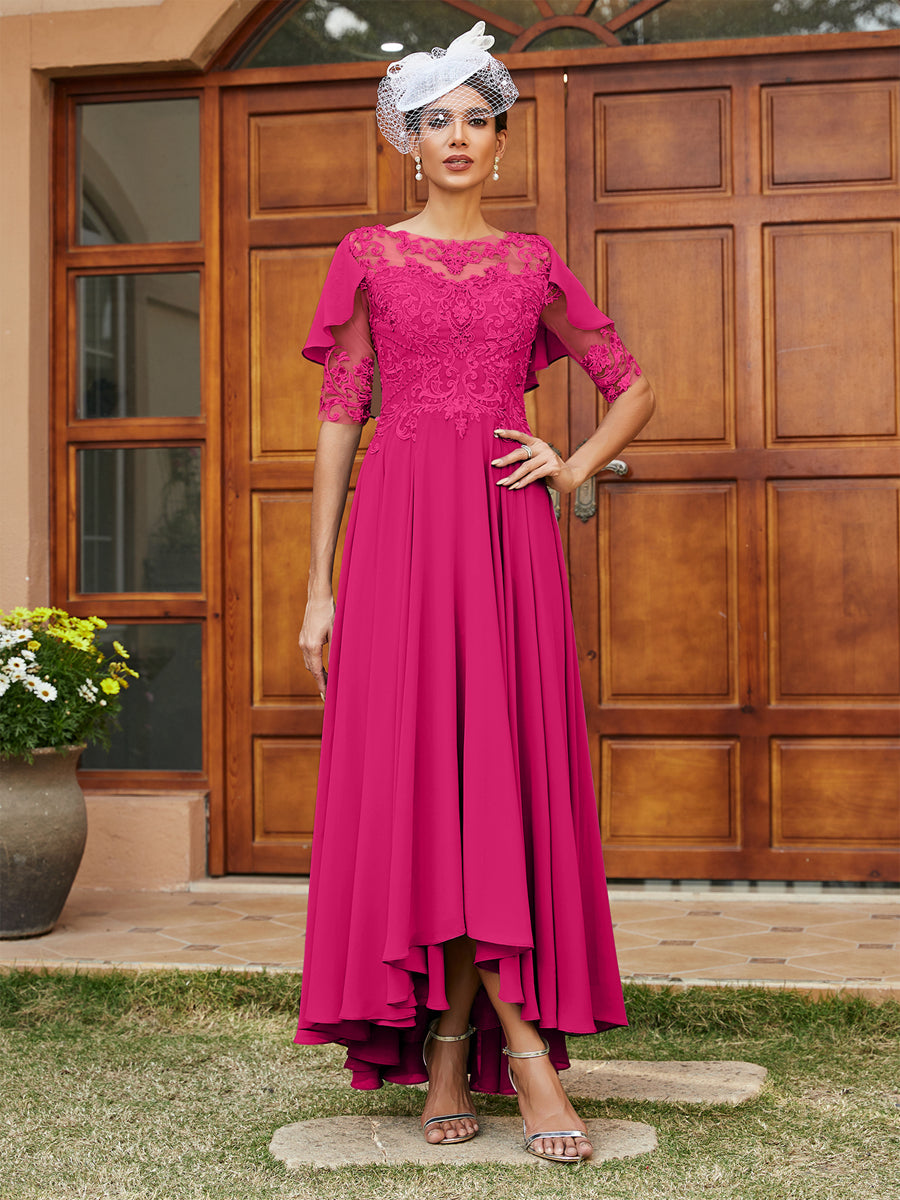 Vestidos Longos de Noite com Mangas Meio Comprimento e Gola Transparente Bordados em Estilo A-Line/Princesa
