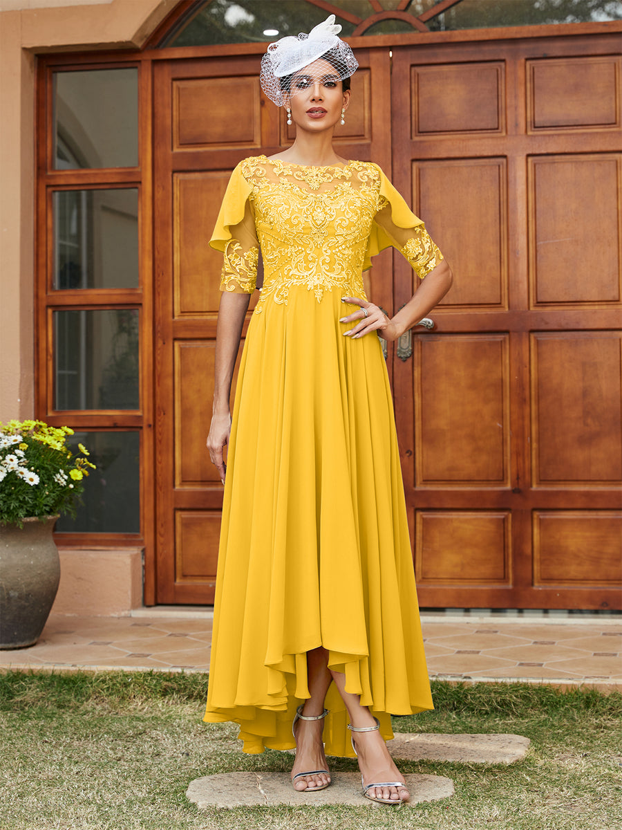 Vestidos Longos de Noite com Mangas Meio Comprimento e Gola Transparente Bordados em Estilo A-Line/Princesa