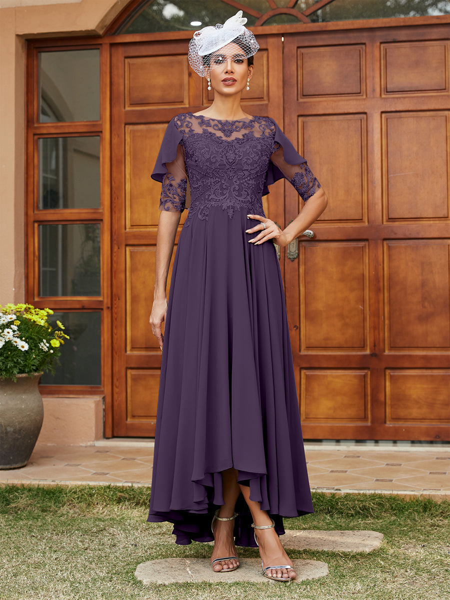 Vestidos Longos de Noite com Mangas Meio Comprimento e Gola Transparente Bordados em Estilo A-Line/Princesa