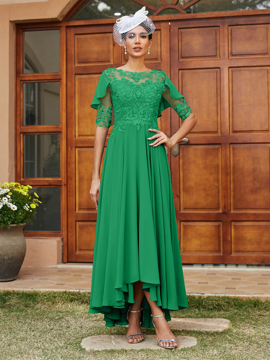 Vestidos Longos de Noite com Mangas Meio Comprimento e Gola Transparente Bordados em Estilo A-Line/Princesa