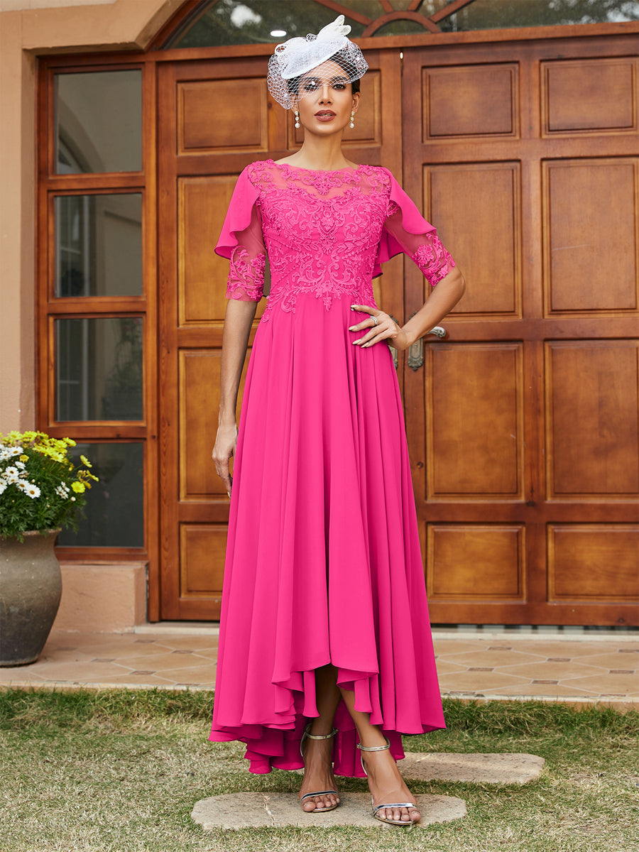 Vestidos Longos de Noite com Mangas Meio Comprimento e Gola Transparente Bordados em Estilo A-Line/Princesa