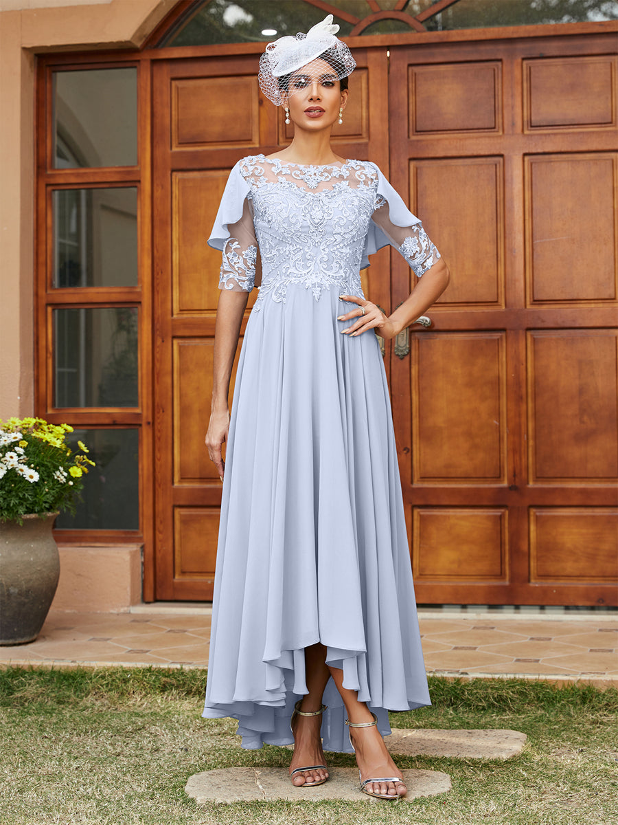 Vestidos Longos de Noite com Mangas Meio Comprimento e Gola Transparente Bordados em Estilo A-Line/Princesa