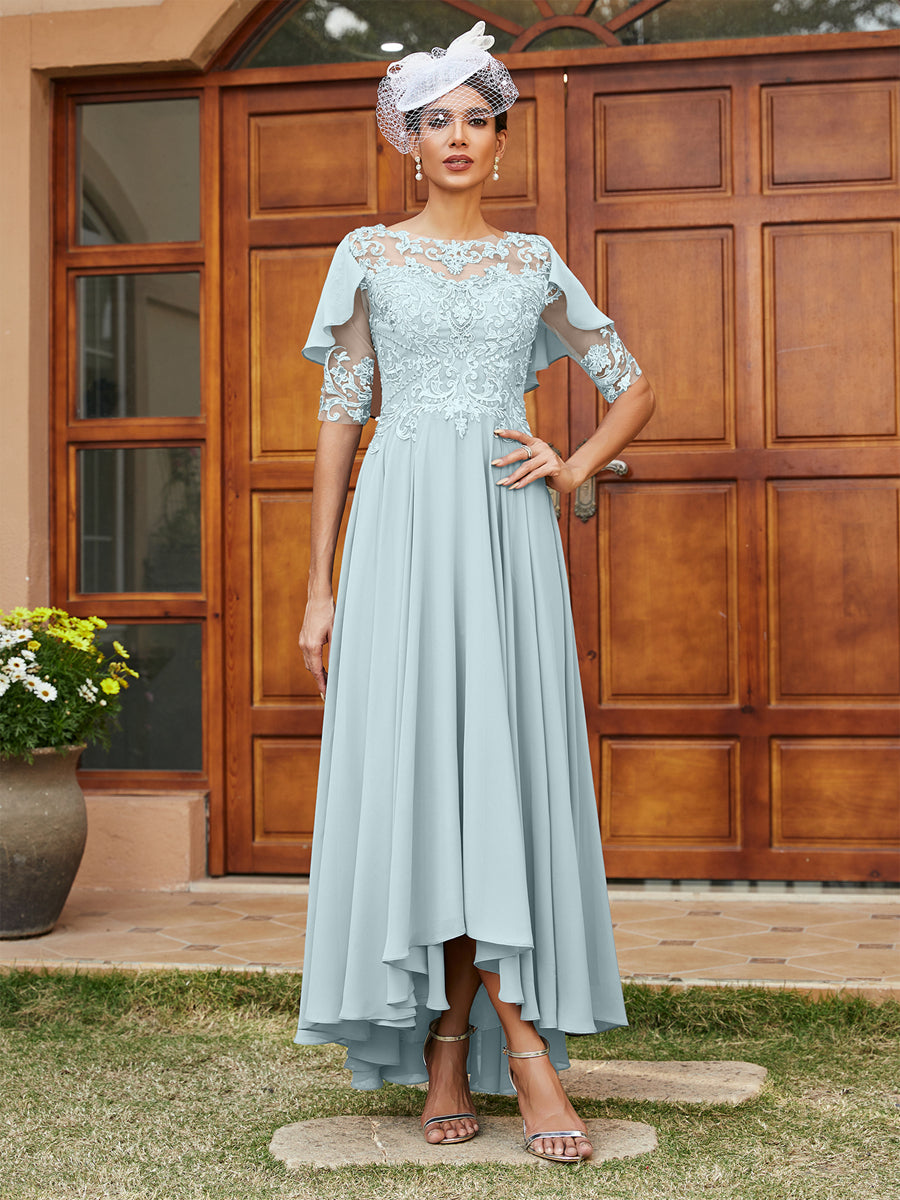 Vestidos Longos de Noite com Mangas Meio Comprimento e Gola Transparente Bordados em Estilo A-Line/Princesa