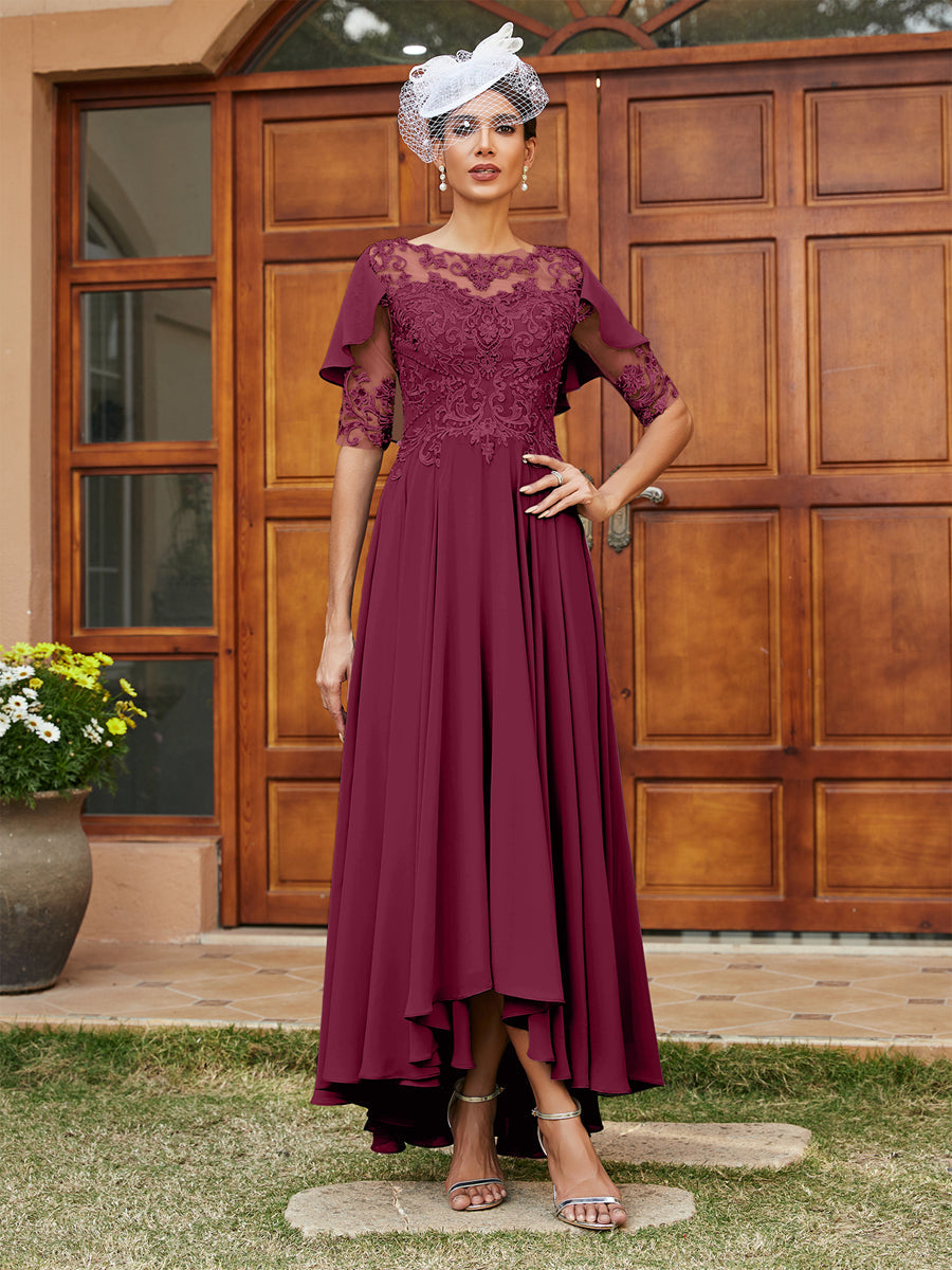 Vestidos Longos de Noite com Mangas Meio Comprimento e Gola Transparente Bordados em Estilo A-Line/Princesa