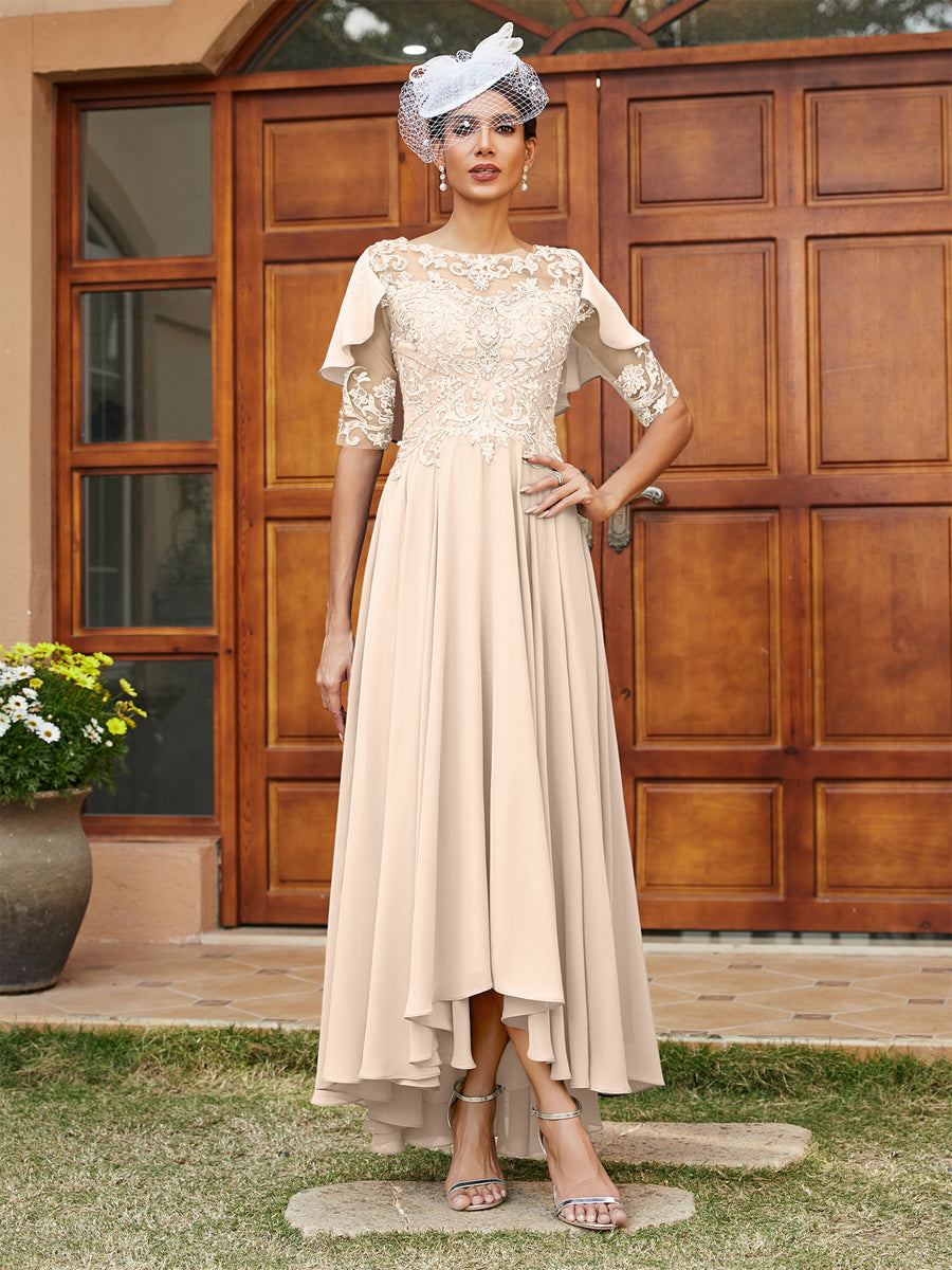 Vestidos Longos de Noite com Mangas Meio Comprimento e Gola Transparente Bordados em Estilo A-Line/Princesa