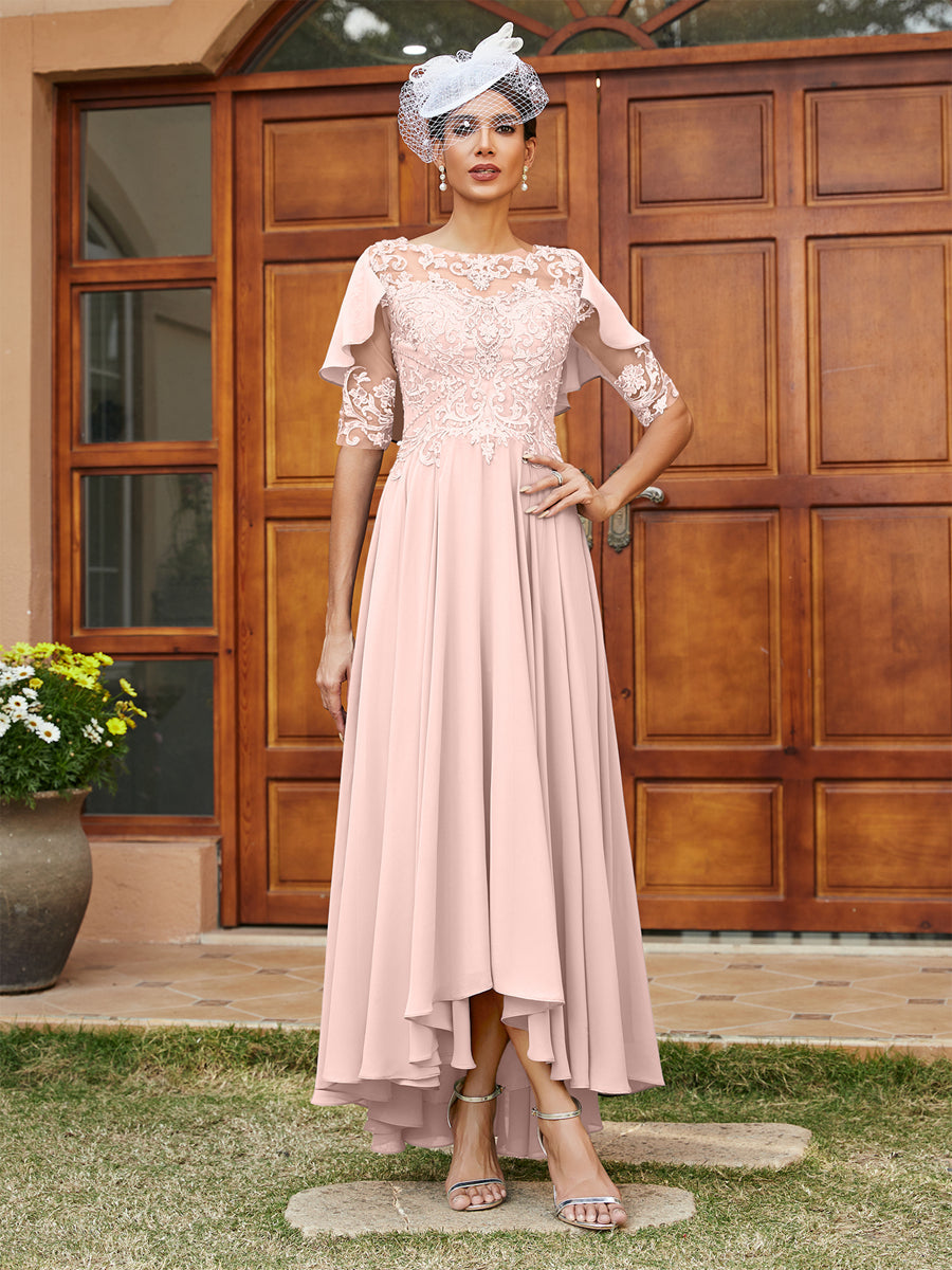 Vestidos Longos de Noite com Mangas Meio Comprimento e Gola Transparente Bordados em Estilo A-Line/Princesa