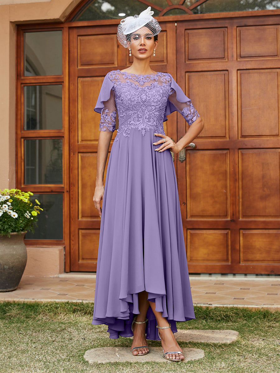 Vestidos Longos de Noite com Mangas Meio Comprimento e Gola Transparente Bordados em Estilo A-Line/Princesa