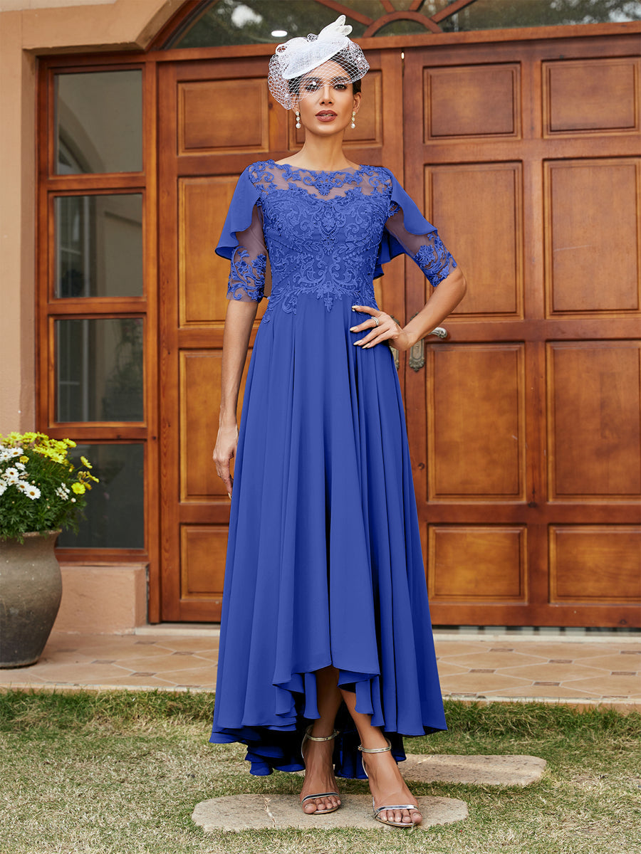 Vestidos Longos de Noite com Mangas Meio Comprimento e Gola Transparente Bordados em Estilo A-Line/Princesa