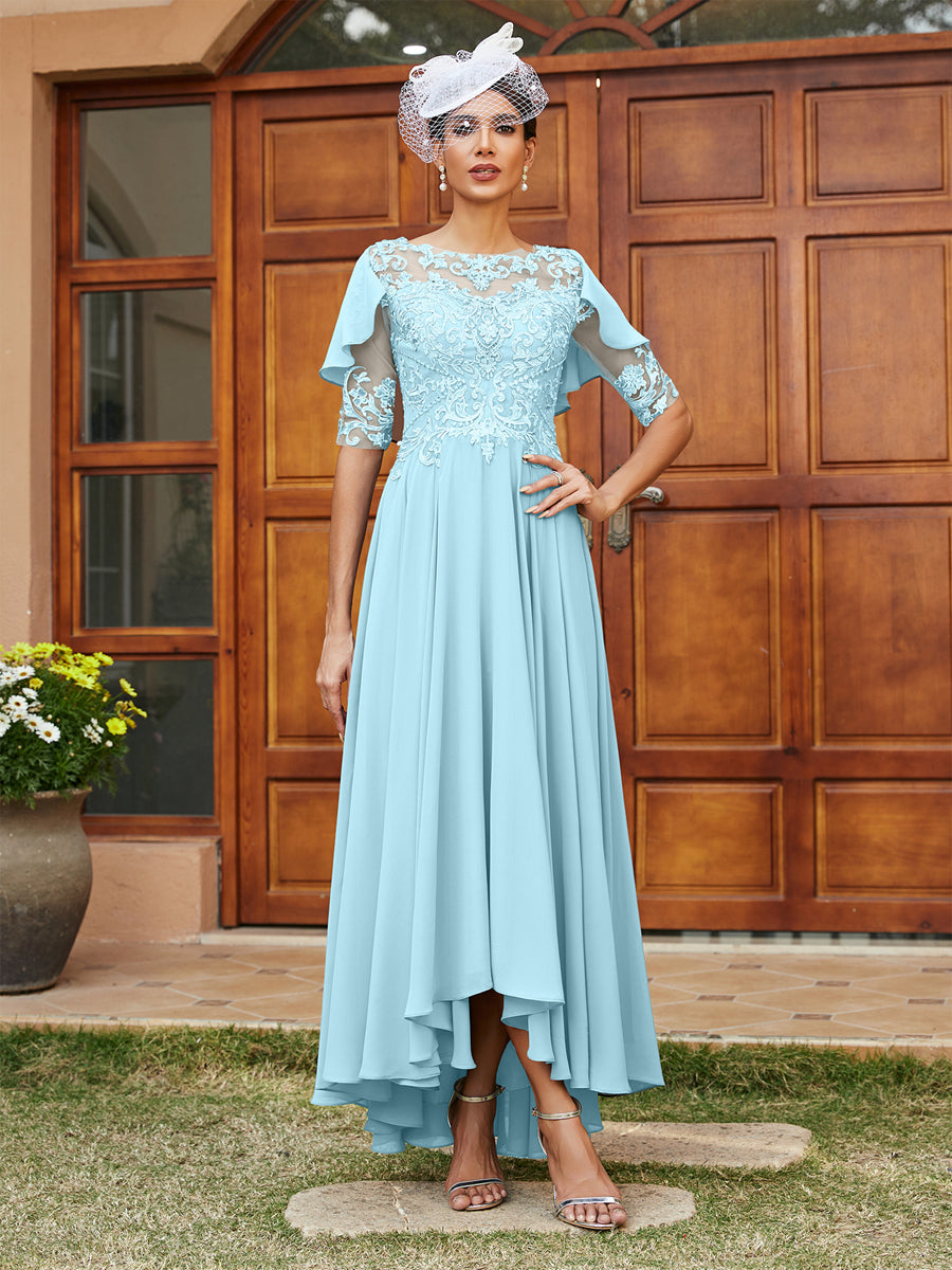 Vestidos Longos de Noite com Mangas Meio Comprimento e Gola Transparente Bordados em Estilo A-Line/Princesa